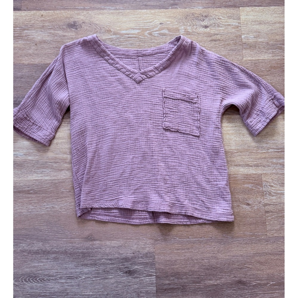Women Lavendar Purple Double Gauze Cotton V-Neck Pocket Top Short Sleeve S